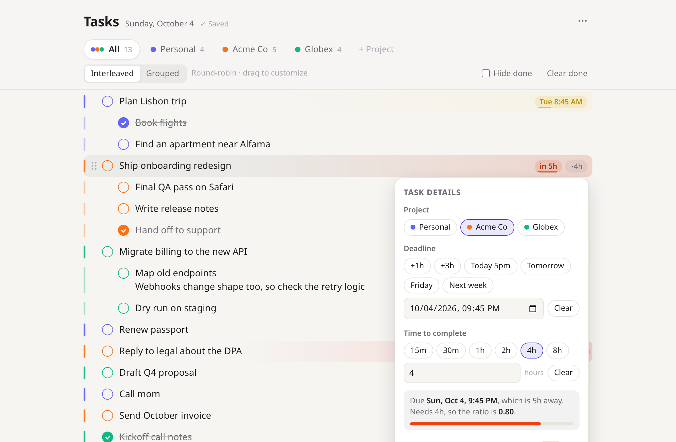 Task details popover with project, deadline presets, time-to-complete presets, and a ratio meter at 0.80