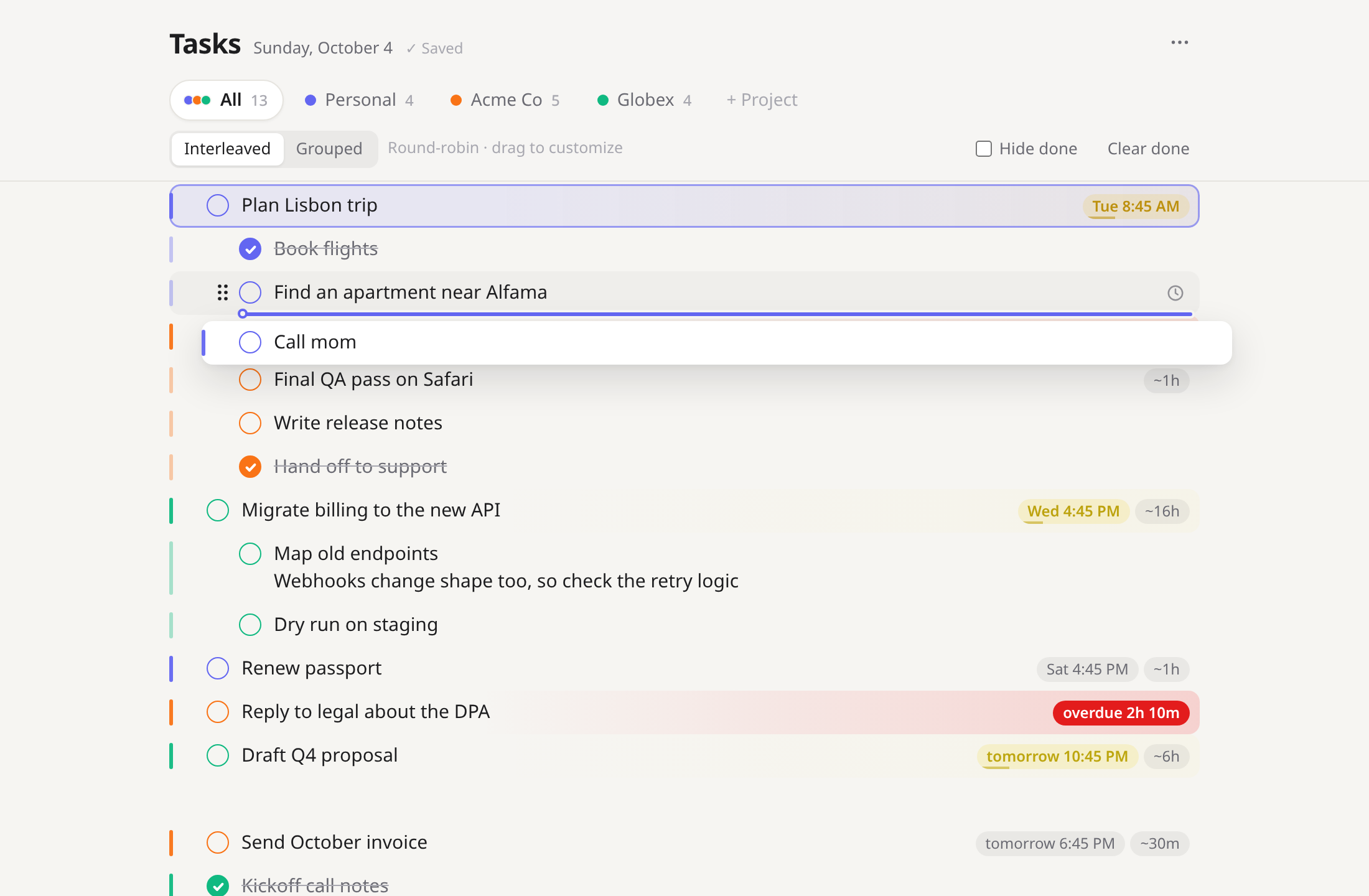 Dragging 'Call mom' under 'Plan Lisbon trip' with an indented drop line and the parent highlighted