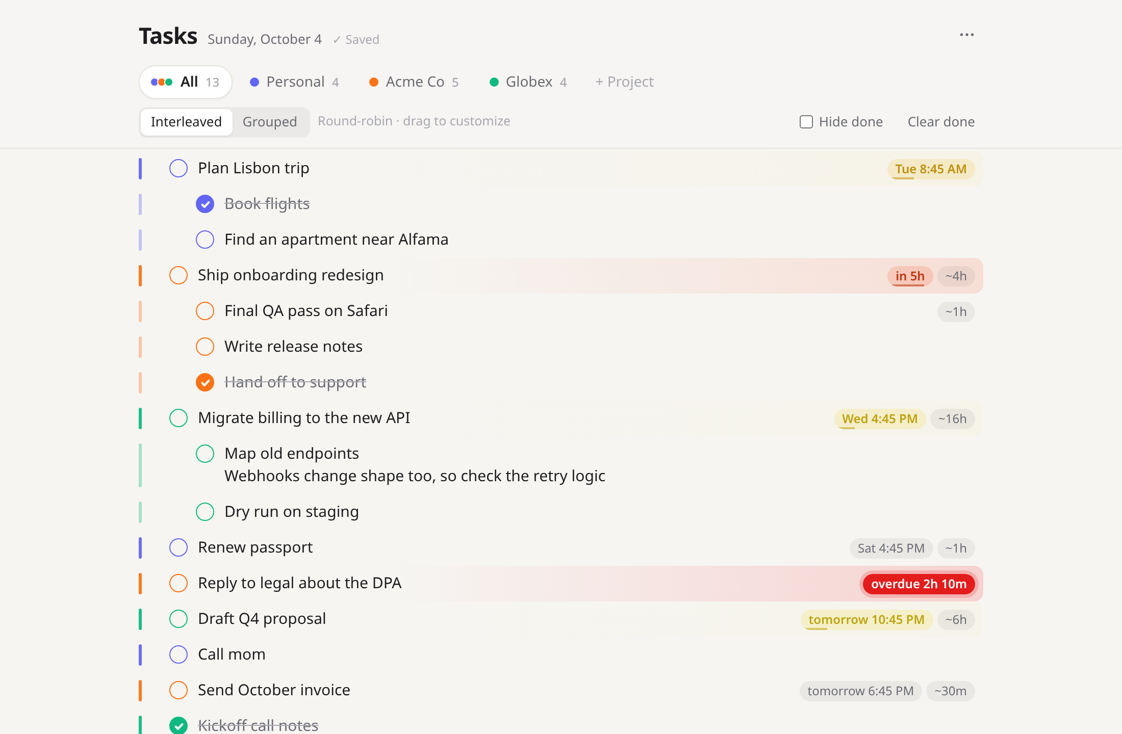 Task List showing tasks from three color-coded projects interleaved, with deadline chips colored from amber to red and one overdue task