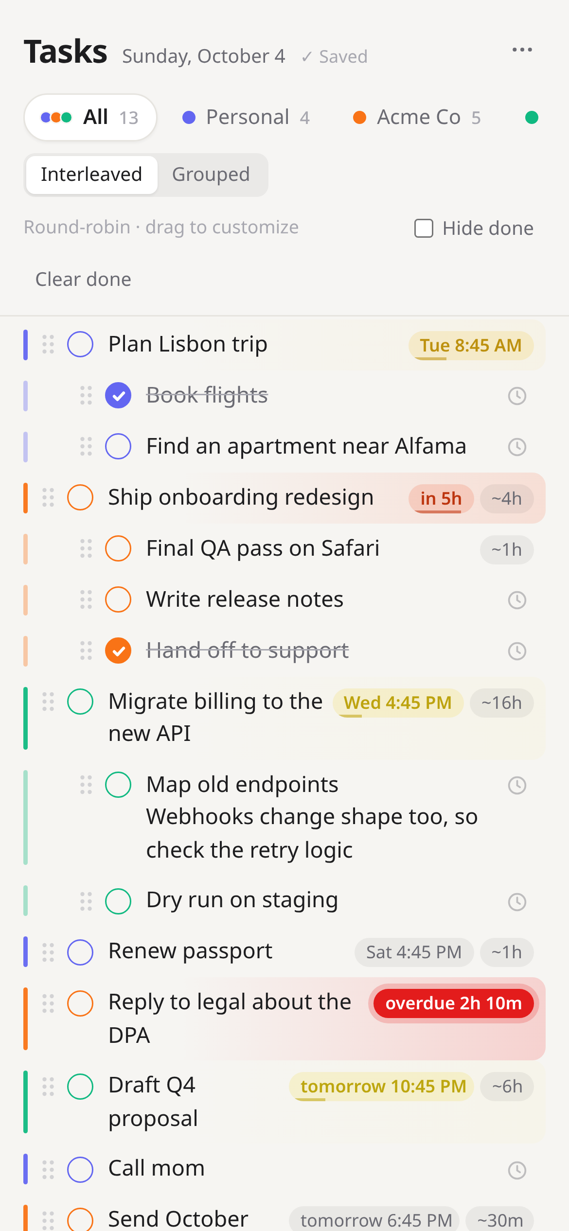 Task List on a phone-sized screen