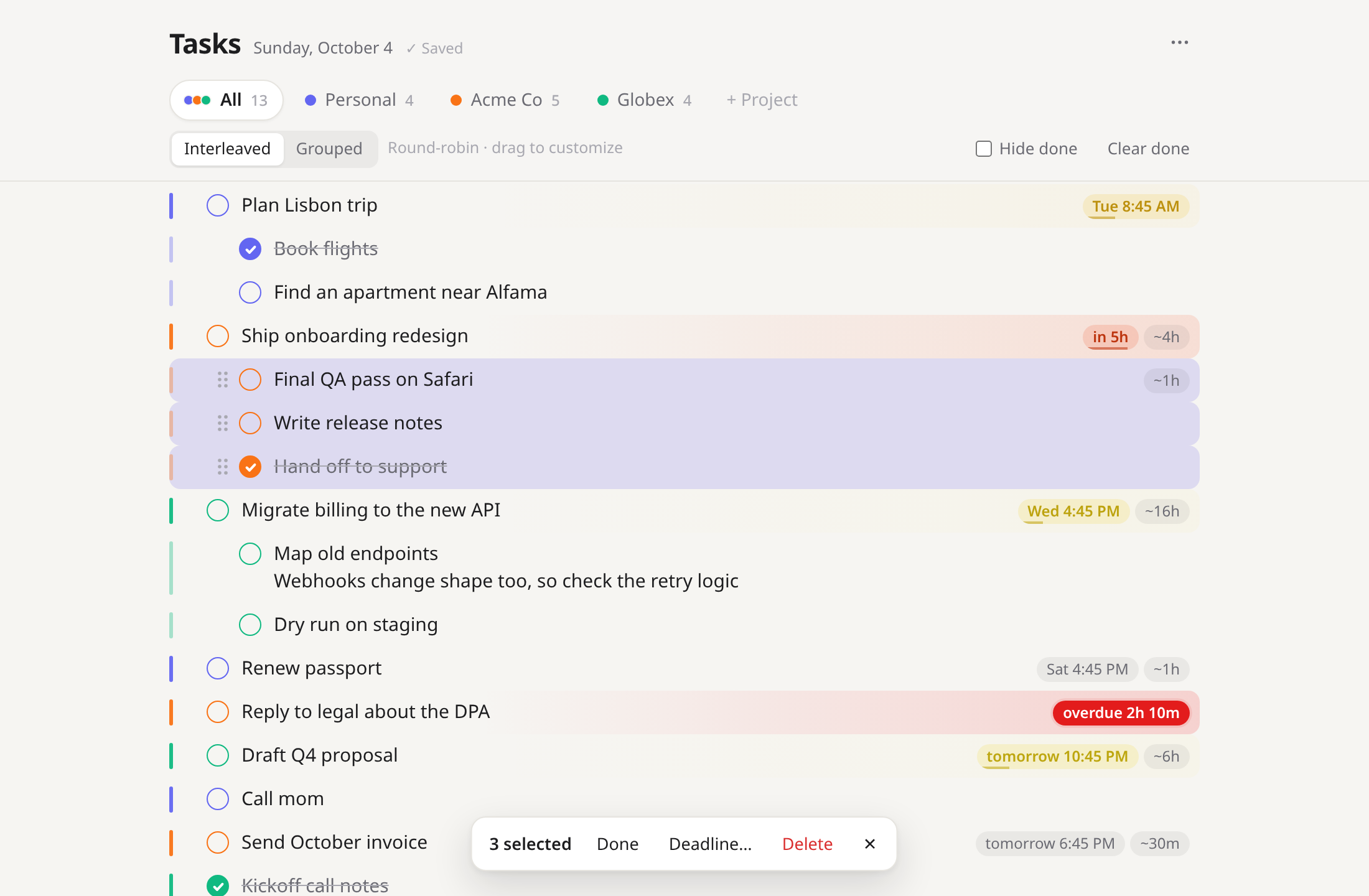 Three subtasks selected with a floating bar offering Done, Deadline and Delete